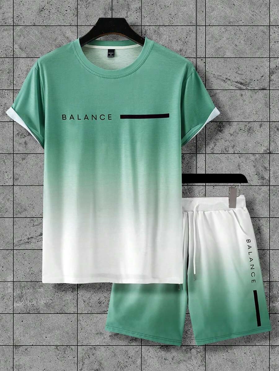 Lema de letras de color degradado estampado 3D traje de hombre camiseta traje deportivo de hombre cuello redondo pantalones cortos con cordón de manga corta