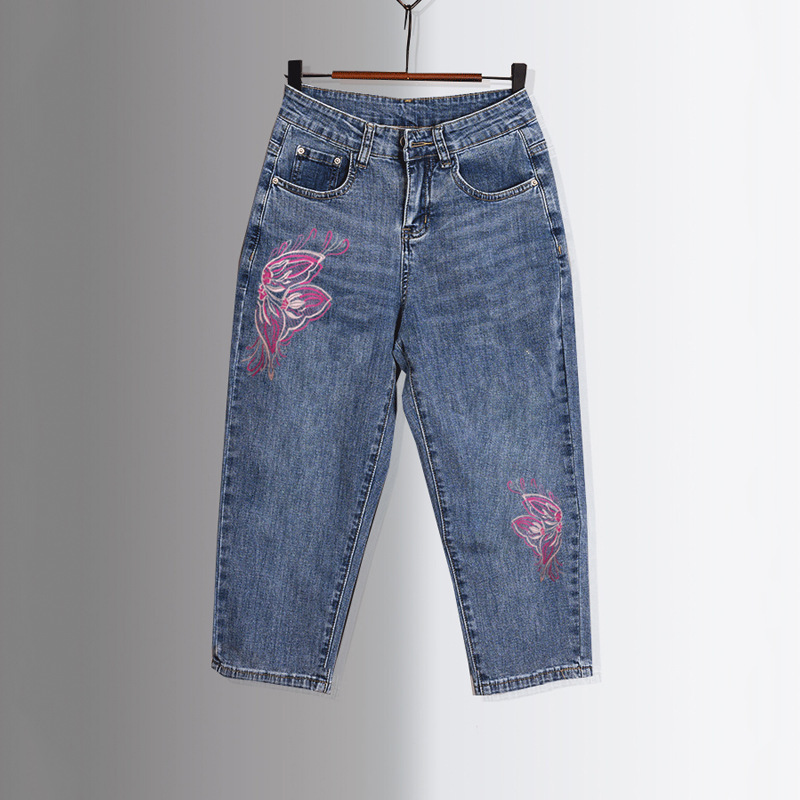 Summer 2024 New Jeans women's embroidered thin high waist loose small skinny pants cropped harem pants