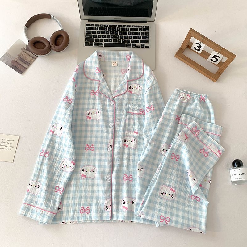 Al por mayor transfronterizo otoño nuevo pijama de manga larga nube de algodón de dibujos animados ropa doméstica de mujer se puede usar con un lindo conjunto de solapa
