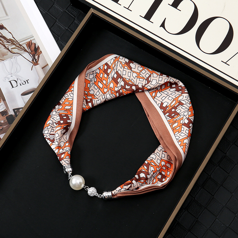 Pañuelo de seda con hebilla magnética de diamantes con incrustaciones de perlas collar mujer retro todo fósforo moda bufanda fina hebilla autocebante babero al por mayor