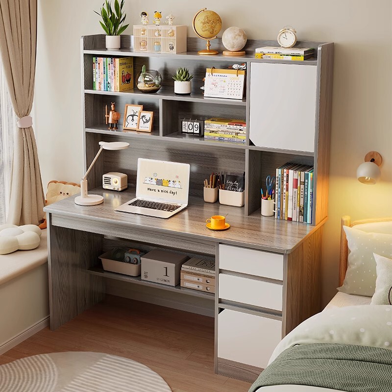 Desk Bookshelf Integrated Table with Bookcase Desktop Computer Desk Home Bedroom Student Study Desk Writing Solid Wooden Chair