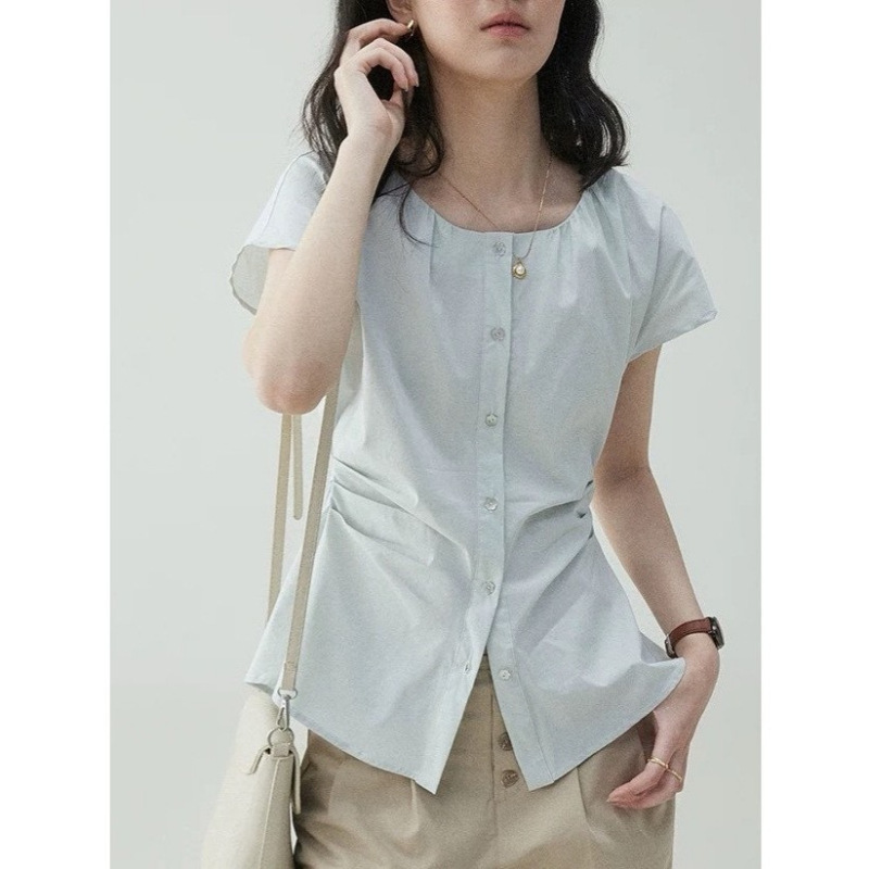 "Mustard Pie Vooe" Light Blue Slim-Fit Tie-Waist Cardigan Shirt for Women 26 Summer Pleated Slimming Top "Mustard Pie Vooe" Light Blue Slim-Fit Tie-Waist Cardigan Shirt for Women 26 Summer Pleated Slimming Top