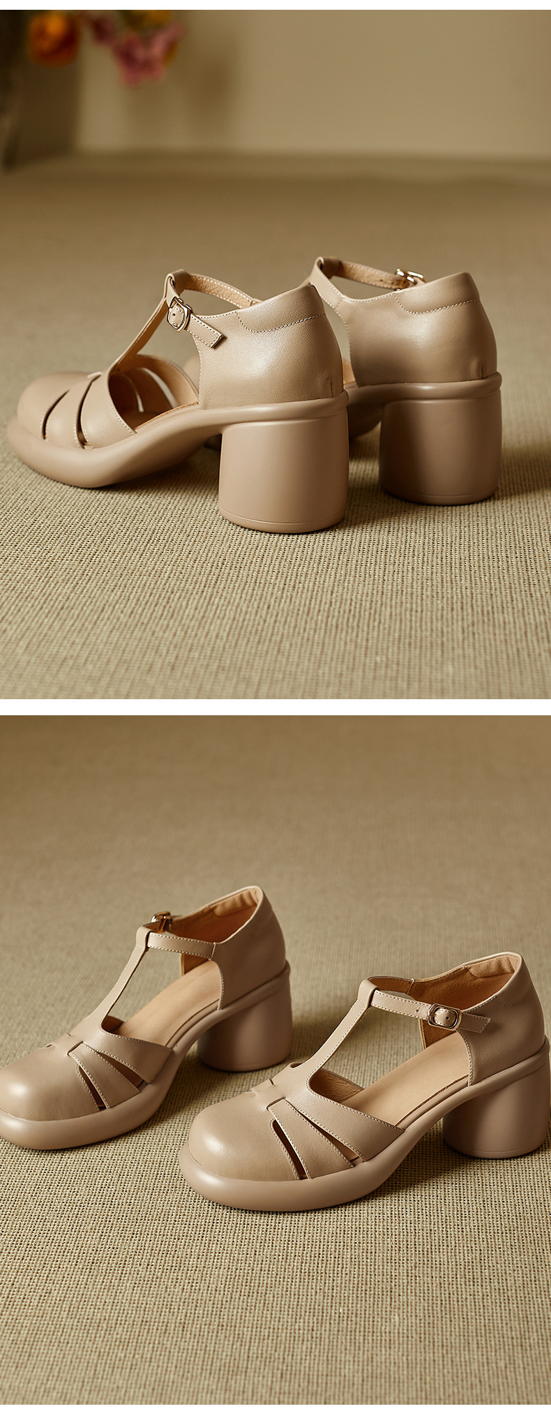 Sandal cao gót nữ mũi kín gót 7.5 cm phong cách vintage quai chữ T — màu nâu chi tiết 10