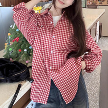美式红色刺绣polo领格纹衬衫女初秋复古外套防晒宽松衬衣法式上衣