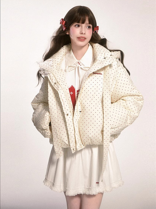 甜美蝴蝶结波点连帽棉衣外套冬季新款保暖加厚面包服棉服女短款潮|undefined