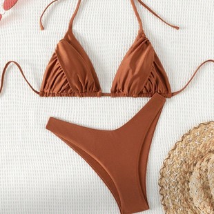 2024 European and American Swimming Suit Solid Color Sexy High Foot Bikini Strap Neck Split Swimsuit for Women