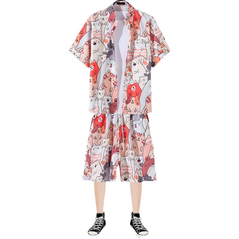 Hawaiano señaló collar floral camisa de los hombres de manga corta Camisa de playa suelta traje pareja estilo Hong Kong retro moda Ruan guapos pantalones cortos
