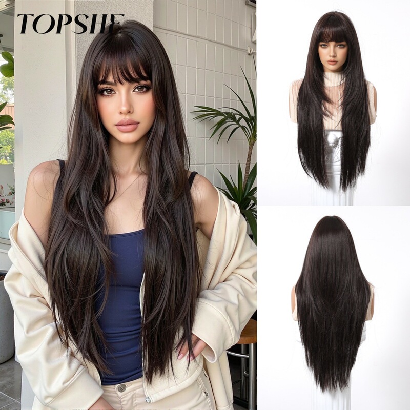 Cross-Border Hot-Selling Style European and American Wig for Women Full Headband Pure Lust Style Air Bangs Black Brown Layered Long Straight Hair Cross-Border Hot-Selling Style European and American Wig for Women Full Headband Pure Lust Style Air Bangs Black Brown Layered Long Straight Hair
