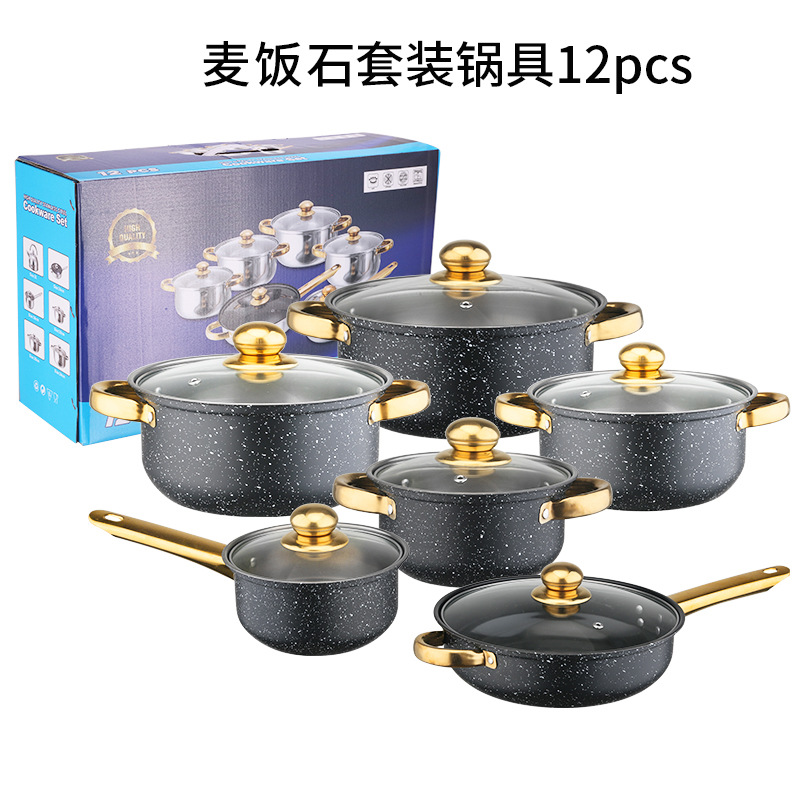 12PCS 골드 손잡이(메디컬 스톤) 논스틱 프라이팬(12개 16cm/18cm/20cm/22cm/24cm/24cm)