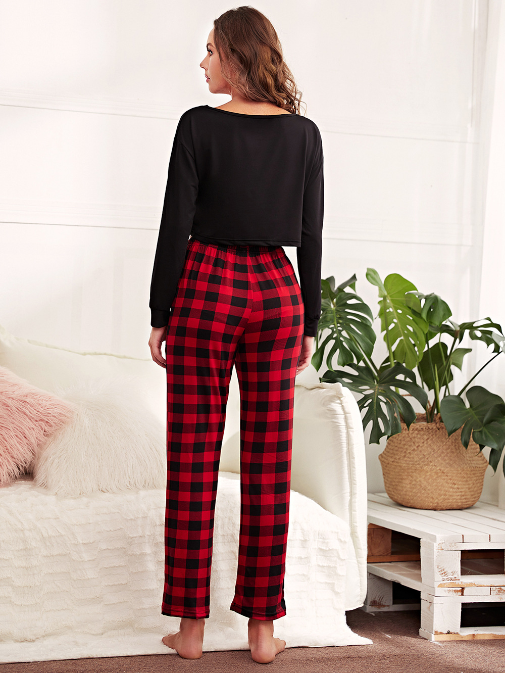 long sleeve high waist slim round neck plaid top and trouser Loungewear-Can be worn outside NSWFC130803