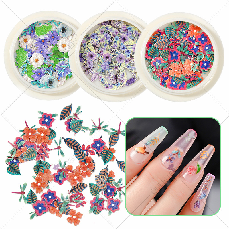 Joyas de manicura de la princesa inswind coloridas flores y hojas pájaros mariposas primavera serie de pulpa de madera parche de manicura