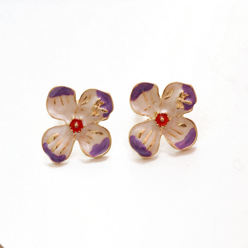 Nuevos Pendientes De Esmalte Morado Con Flor De Cuatro Pétalos display picture 9