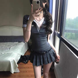 学院风复古格纹低腰显瘦百褶短裙女春夏新款欧美风辣妹A字半身裙