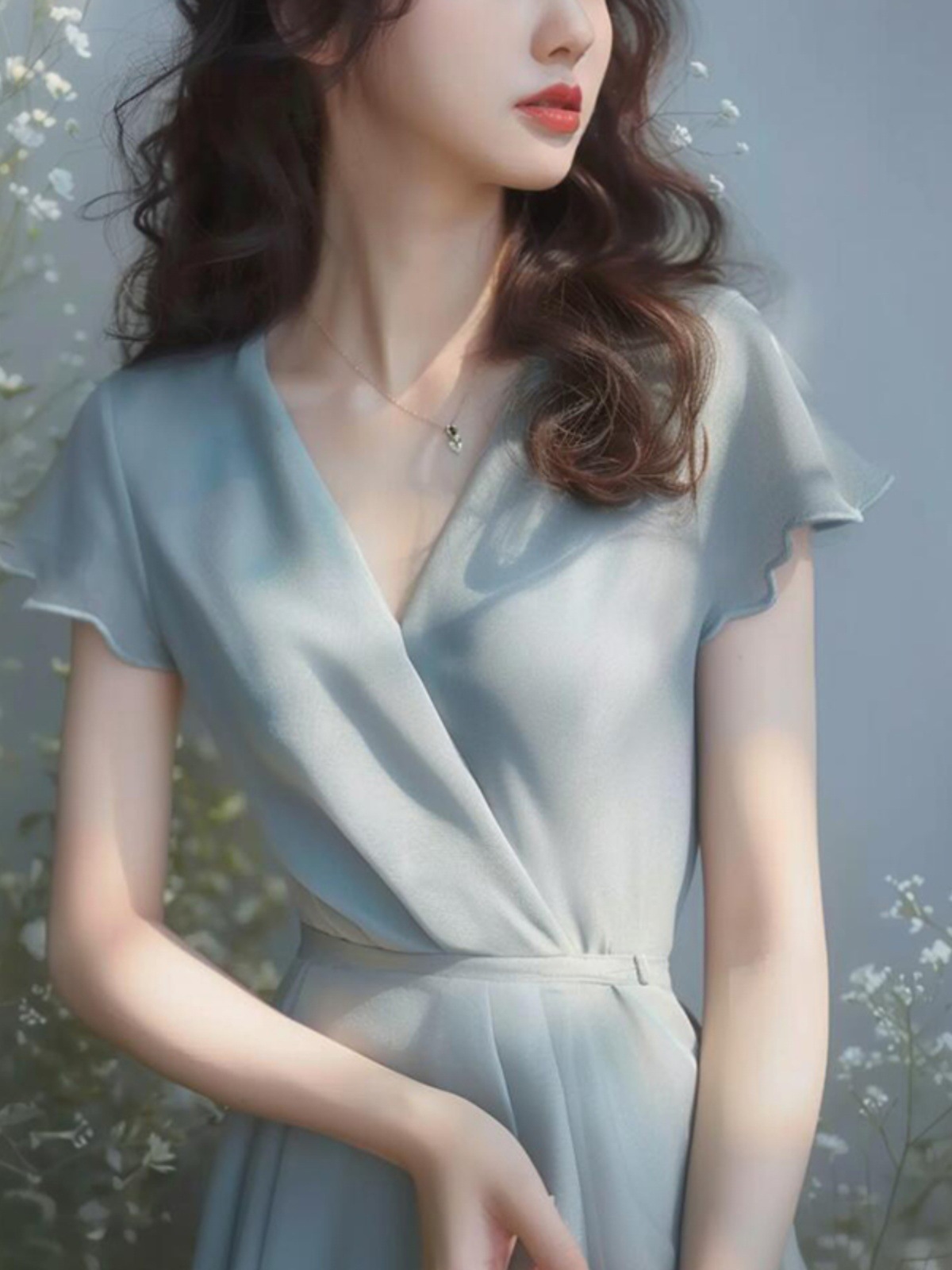 Váy liền cổ chữ V dáng maxi thắt eo màu xanh cho kỳ nghỉ biển — màu xanh chi tiết 6