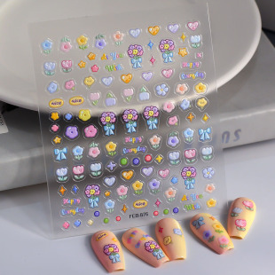 Nail art relief paste paper net red small fresh 5d flower adhesive nail jewelry Macaron summer flower hand account