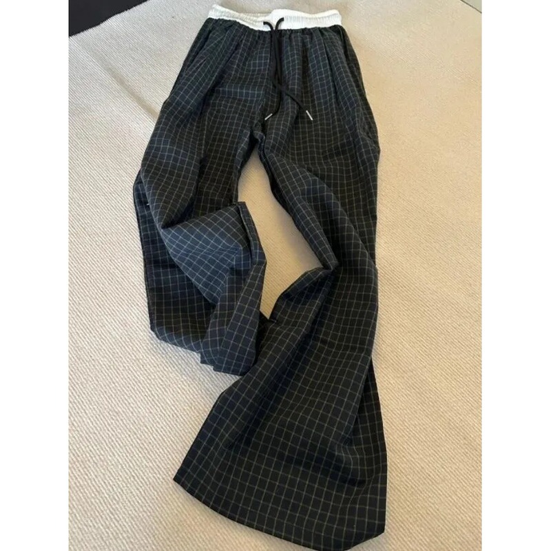 Summer Treasure Plaid Magic Pants Loose Wide-Leg Casual Pants for Women Elastic Waist Drawstring Straight-Leg Walking Pants Long Pants for Women