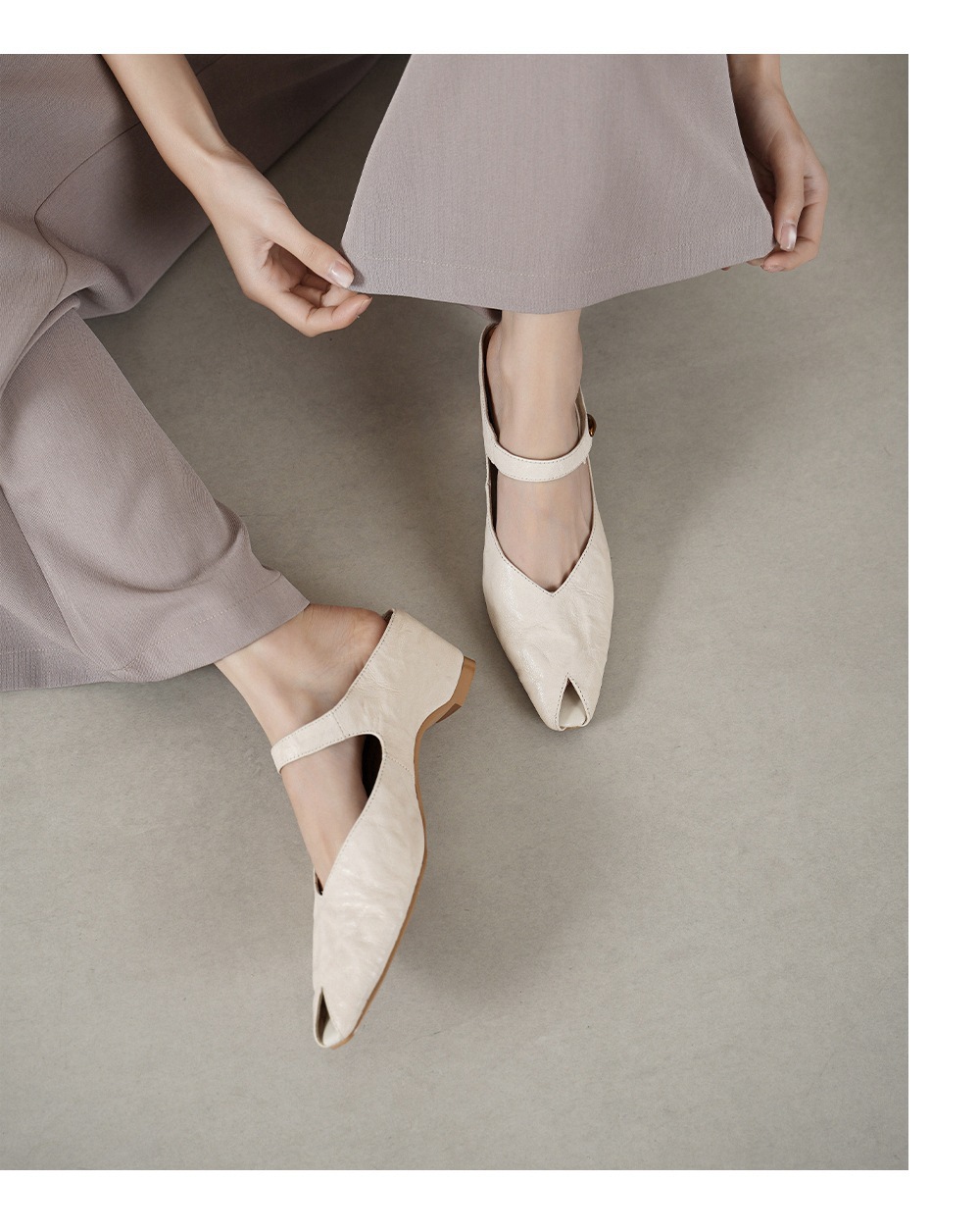 Sandal nữ mũi nhọn quai ngang gót vuông 7 cm da cừu — đen chi tiết 8