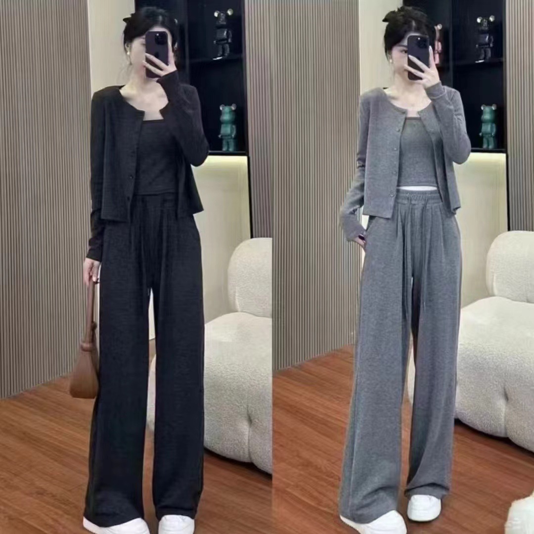 봄과 가을 새로운 스티커 쌀 세트 3 조각 캐주얼 스포츠 카디건 넓은 다리 바지 패션 슬리밍 플러스 사이즈 세트