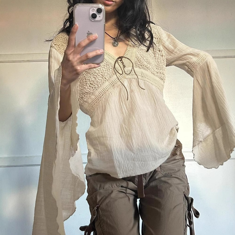 Vintage Ethnic Style V-Neck Tie Bell Sleeve Long Top for Socialites Versatile Knitwear