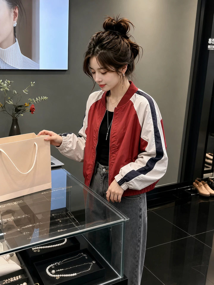 Áo khoác nữ cổ đứng dáng rộng phối màu kiểu áo bóng chày dài tay — Đỏ (viền dây rút)