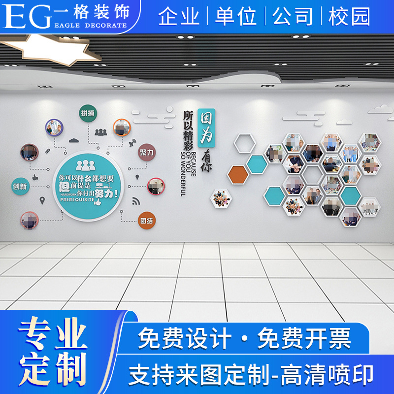 团队员工风采照片墙装饰公司企业背景文化墙设计制作  创意会议室