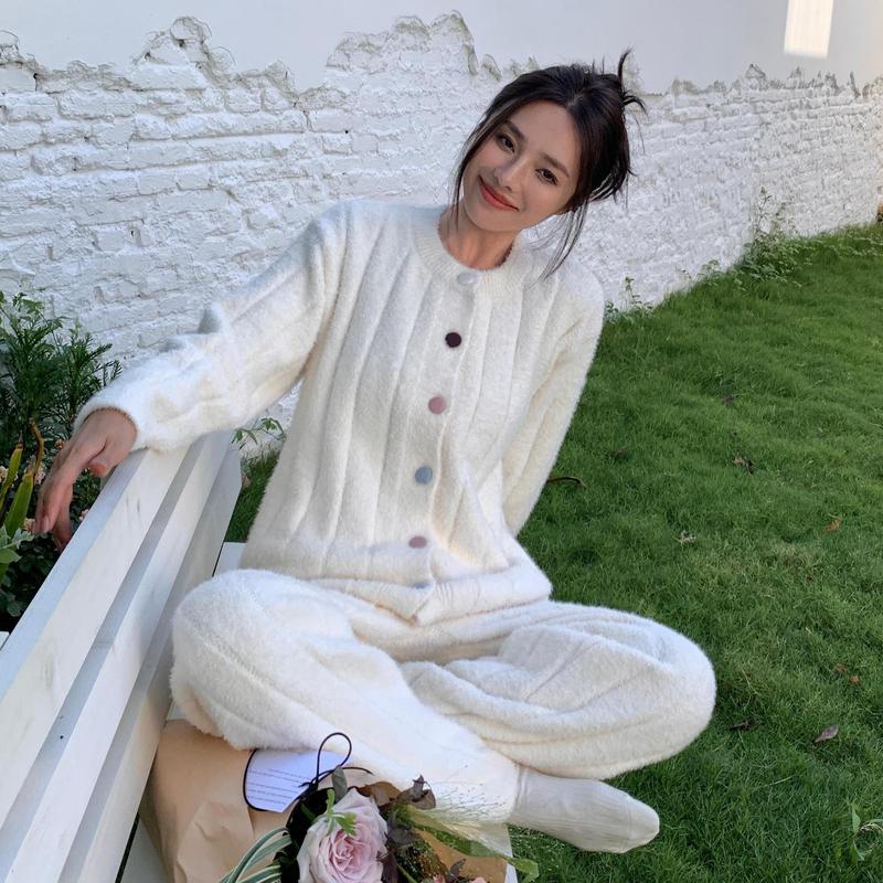 CaCa彩扣轻奢暖貂半边绒睡衣女士秋冬加绒保暖柔软慵懒家居服套装|undefined