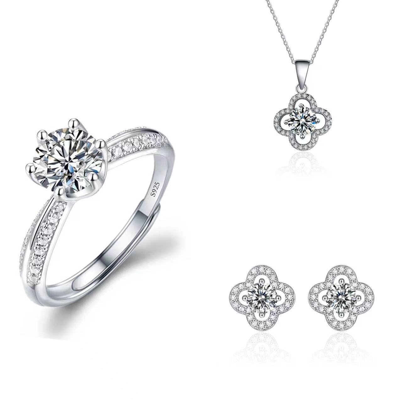 Imitación moissanite seis-garra pendientes collar anillo conjunto de tres piezas ZIRCON temperamento colgante oreja anillo de unión traje de joyería