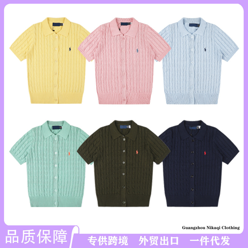 Cross-border AMI26 early spring new style pony embroidery pure cotton lapel cotton linen cardigan short sleeve top for women