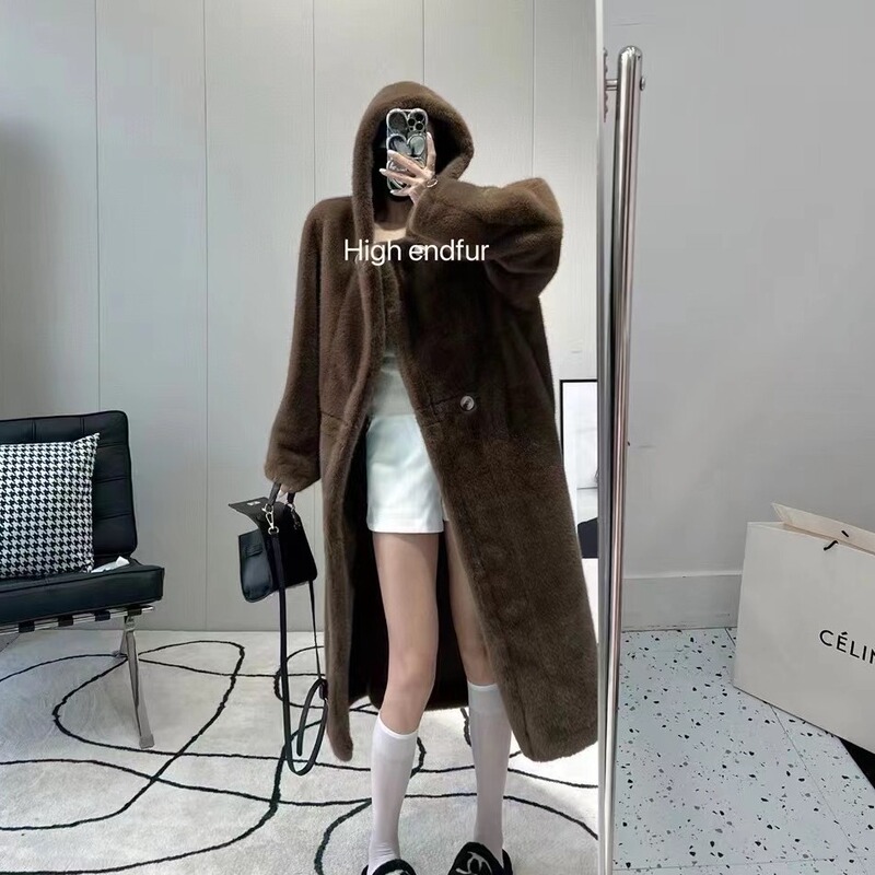 Women's Faux Mink Fur Coat with Hood, Long Teddy Bear Style, Korean Version, Ice Cream Color, Winter Wear, Versatile