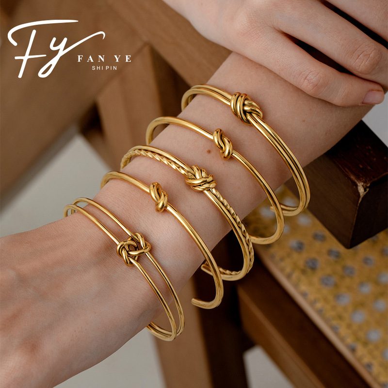 Stainless Steel 18K Gold-Plated Knotted Bracelet C-Shaped Open Simple Double-Layer Bracelet Jewelry for Women Stainless Steel Bracelet Stainless Steel 18K Gold-Plated Knotted Bracelet C-Shaped Open Simple Double-Layer Bracelet Jewelry for Women Stainless Steel Bracelet