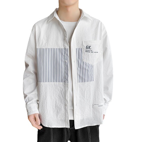 Men's Long-Sleeve Shirt for Spring and Autumn | Instagram-Fashion Brand Workwear Style | Autumn Edition Cool & Edgy Patchwork Blouse Top + Outerwear