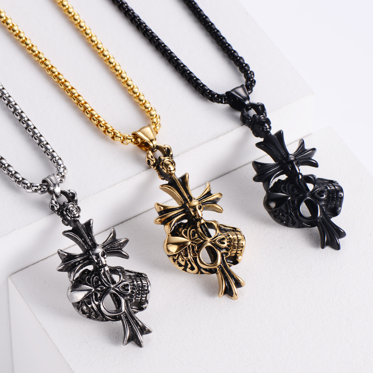 13g Weight Skull Pattern Unisex Gender Retro Style Gold, Silver, Black Color Skull Cross Jesus Stainless Steel Punk Style Pendant Wholesale Nihaojewelry 3