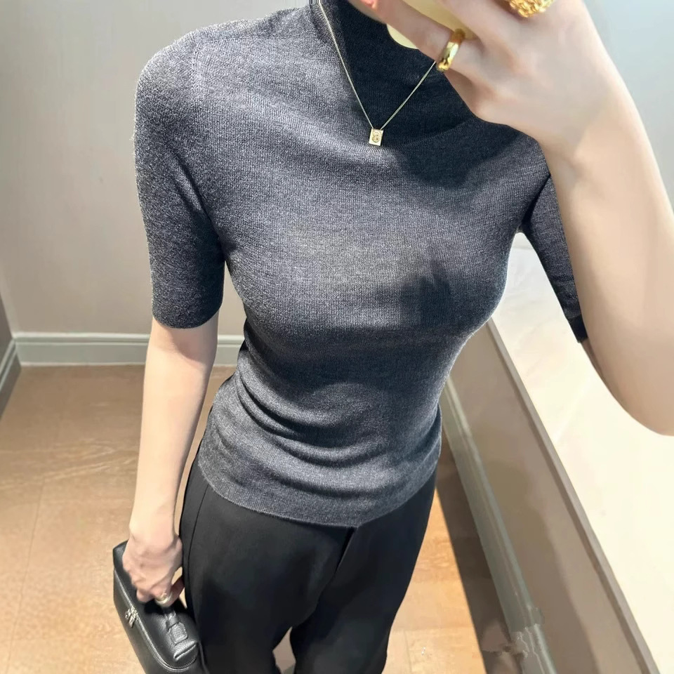 Seamless Fully Formed 120S German Yangtze Yarn Wool Women's Half Turtleneck Half-Sleeved Bottoming Shirt Slim Top Three-Quarter Sleeves