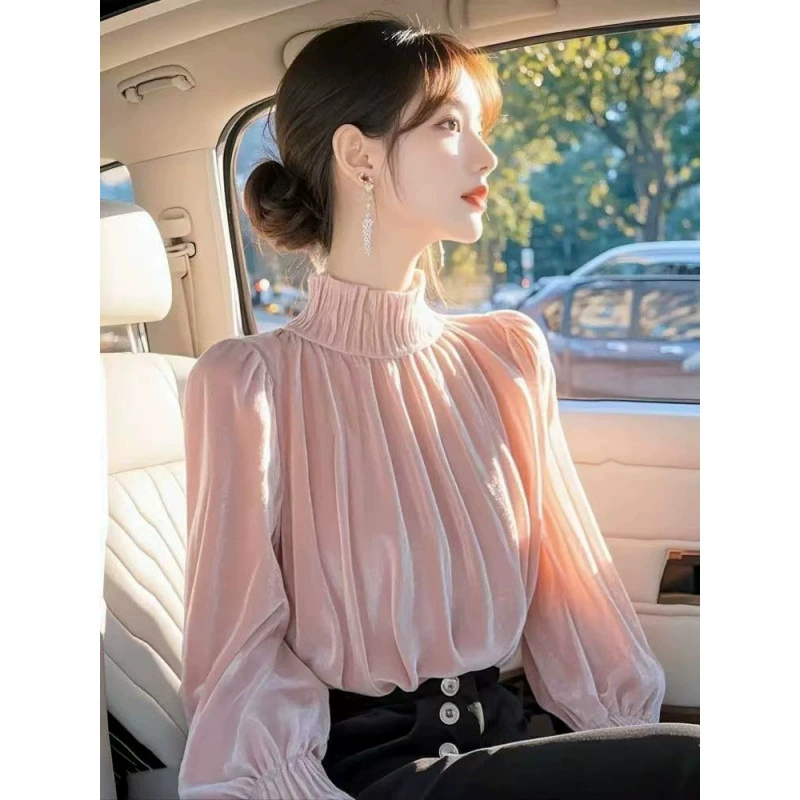 Уникальный и шикарный розовый бархатный топ с половинным вырезом женский 2025 весной тонкая тонкая рубашка с внутренним дном