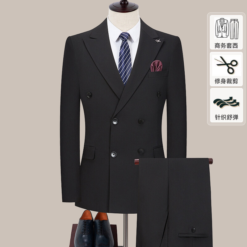 Black Solid Color Double-Breasted Suit Suit Men's Korean Style Slim Business Professional Formal Wear Wedding Groom Wedding Suit Black Solid Color Double-Breasted Suit Suit Men's Korean Style Slim Business Professional Formal Wear Wedding Groom Wedding Suit