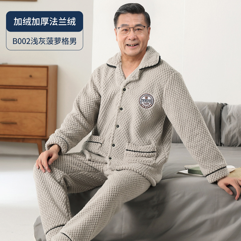 Papá pijama de coral para hombres otoño y invierno más veludo engrosado de mediana edad hombre franela conjunto de ropa de casa