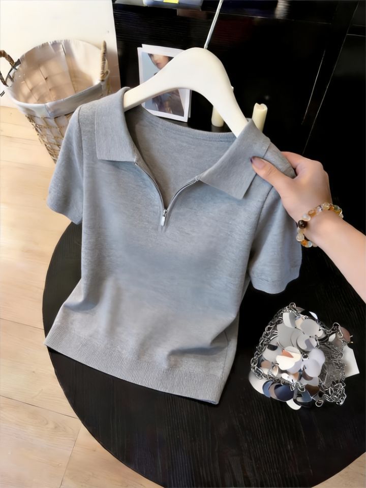 Áo thun polo nữ thiết kế dây kéo phong cách trẻ trung — trắng