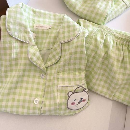 Plaid Self-deprecating Bear Pajamas Women's Summer New Short-sleeved Shorts Japanese Style Cute Student Home Clothes suit Outer Wear