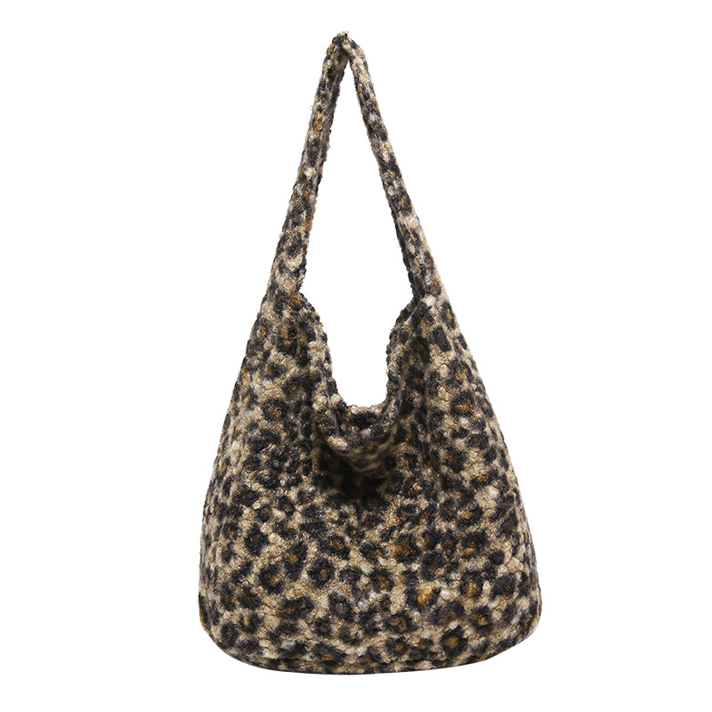Otoño y invierno nuevo bolso de hombro de lana de viento de gran capacidad de moda estampado de leopardo bolso de lana de tote bolso retro debajo de la axila