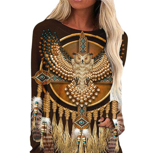 Spring and Autumn Amazon Western Style 3D Digital Print Women's Mid-length Irregular Hem Long-sleeved T-shirt—European and American Style
