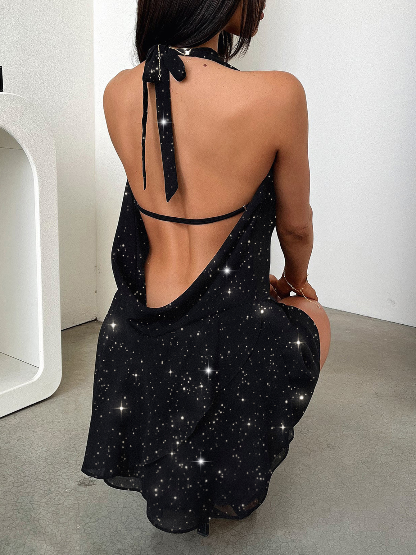 Halter Neck Solid Short Dress For Women Casual Party Club Wear_ecoleips.com