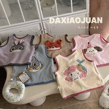 现货大小卷24秋冬儿童刺绣卡通毛绒可爱小背心外穿纯色马甲宝宝