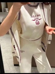 欧美风2025年新款女字母无袖背心+针织开衫外套+休闲阔腿裤三件套