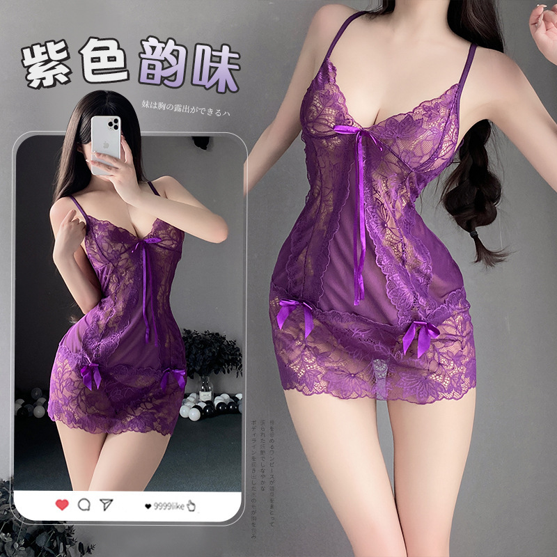 Sexy Pure Desire Pajamas Sexy Underwear Lace Perspective Purple Sling Nightgown No Take-off Uniform Temptation suit 8225
