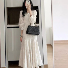 法式名媛茶歇连衣裙女春季新款感白色雪纺刺绣鱼尾长裙