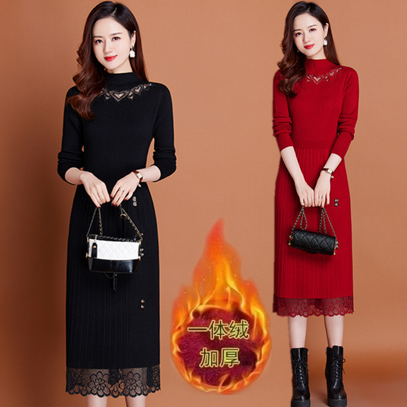 Long One-Piece Fleece-Lined Thickened Autumn and Winter Warm Over-The-Knee Knitted Lace Dress with Coat and Sweater