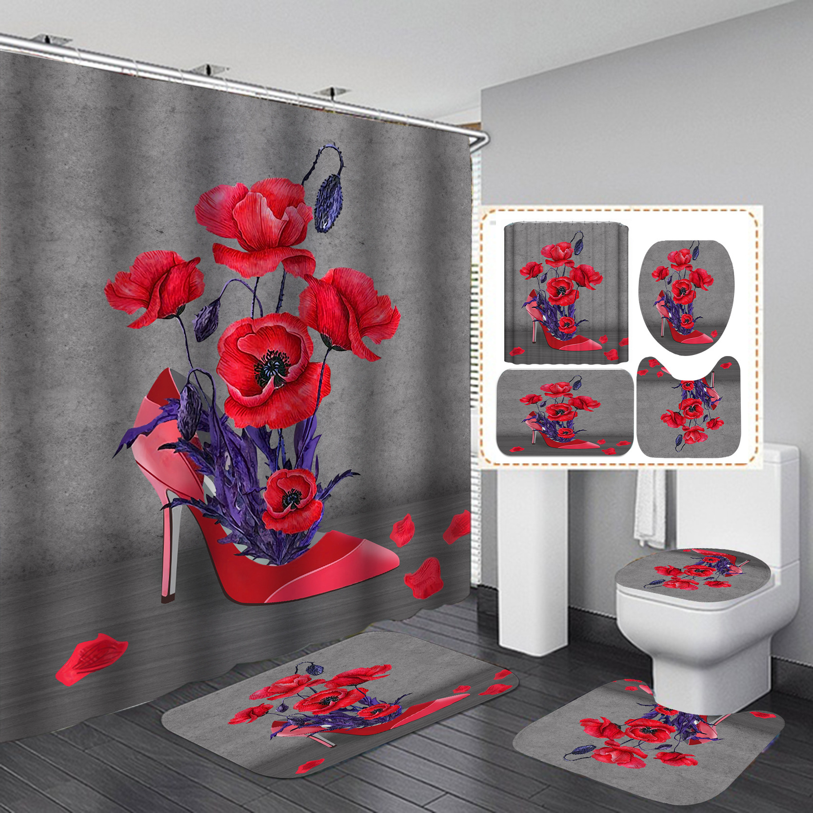 E-commerce transfronterizo HD digital poliéster impresión ducha cortina baño ducha cortina libre C-tipo de plástico colgante anillo 12