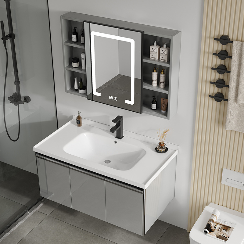 Engrosado espacio integrado de aluminio mueble de baño lavabo combinación de gabinete de cerámica montado en la pared de baño mesa de lavado