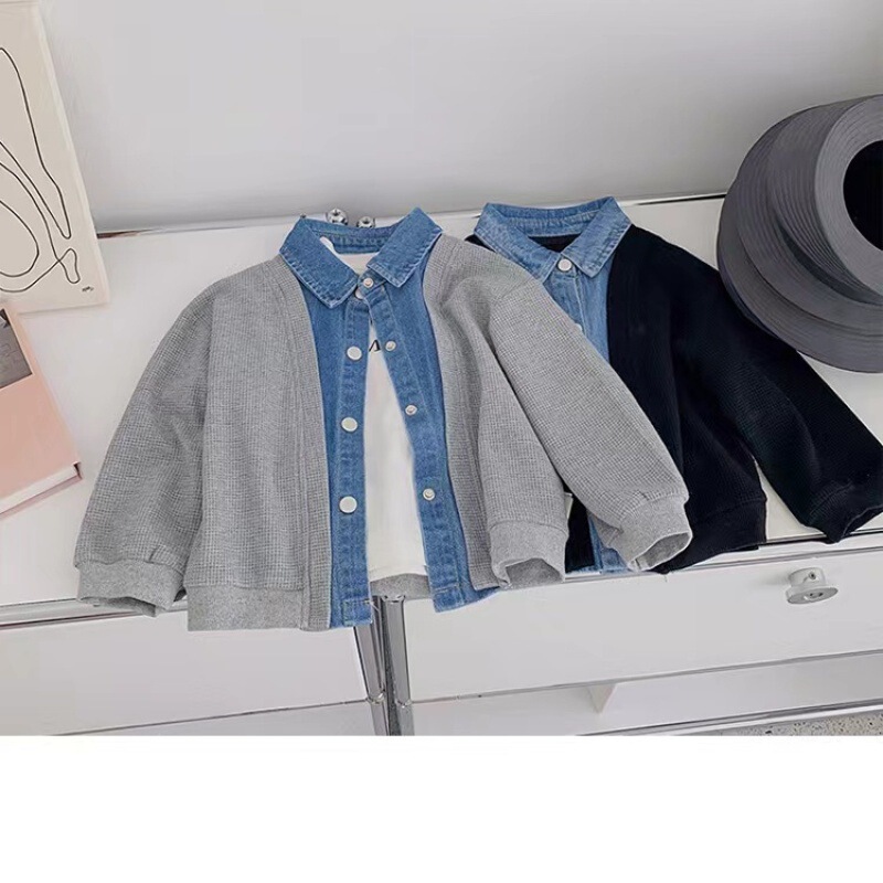 2022 New Boys' Fashion Korean Autumn Denim Jacket Children's Western Style Loose Casual Fake Two-piece Jacket