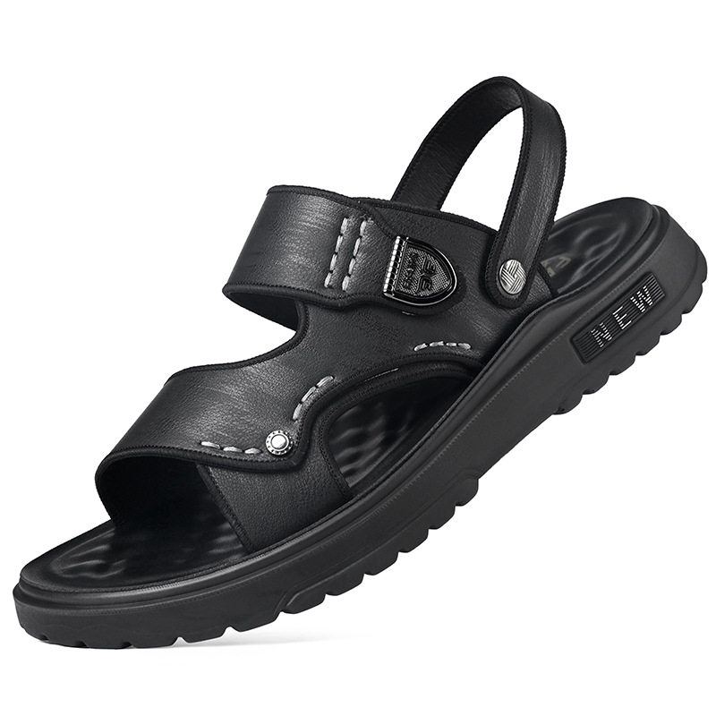 Dép sandal nam quai ngang hở ngón đế dày lót cao su mềm, đi ngoài trời và đi biển — QS991 màu kaki, QS991 màu đen
